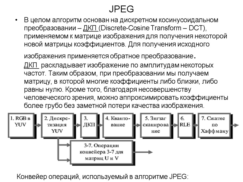 JPEG В целом алгоритм основан на дискретном косинусоидальном преобразовании – ДКП (Discrete-Cosine Transform –